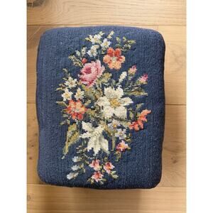 Vintage Needlepoint Blue Floral Cushioned Footstool Approx 7” x 10” x 12”